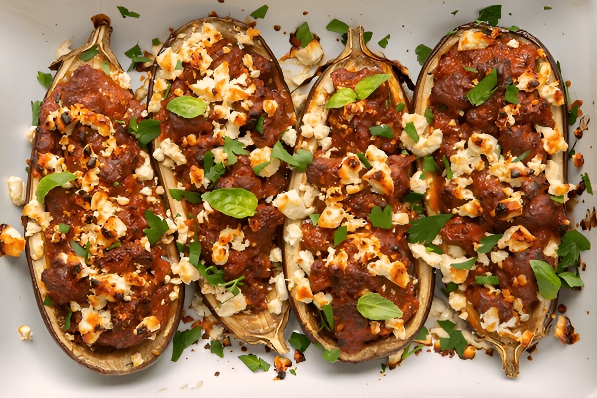 Baked Stuffed Eggplant with Italian Sausage
